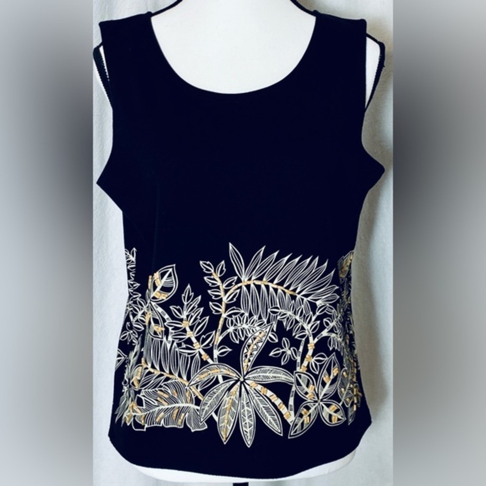 Chaus Tropical Black & Ivory Tank Medium Embroidered with Bamboo Beads